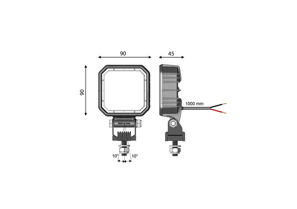 Faro retromarcia R23 LED quadrato 90X90mm - cavo